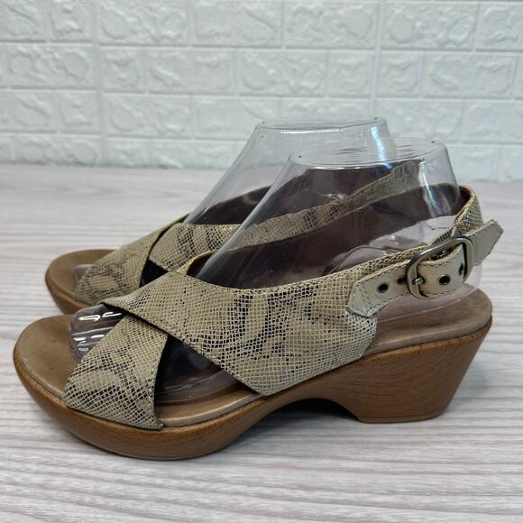 Dansko Jacinda Wedge Sandals WMNS 38 Taupe Snake Skin Crossover Strap Sling Back - Picture 5 of 13